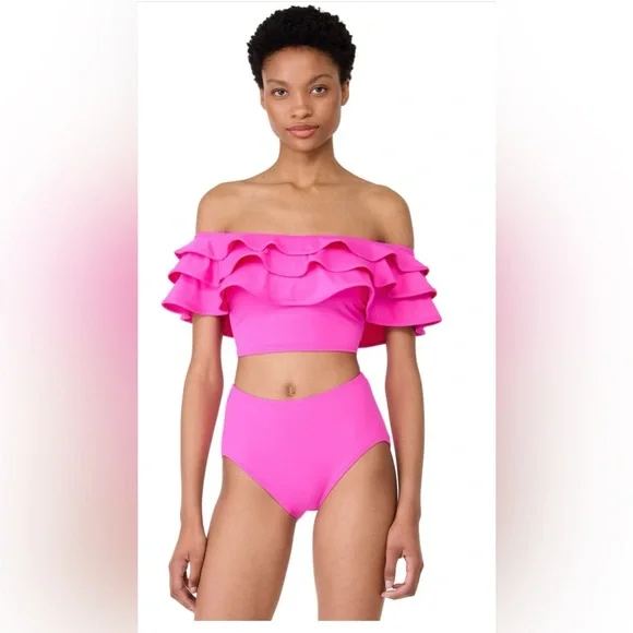 Kate Spade Hot Pink Ruffle Off-Shoulder High Waist Bikini Set Size XL NWT - Picture 10 of 10